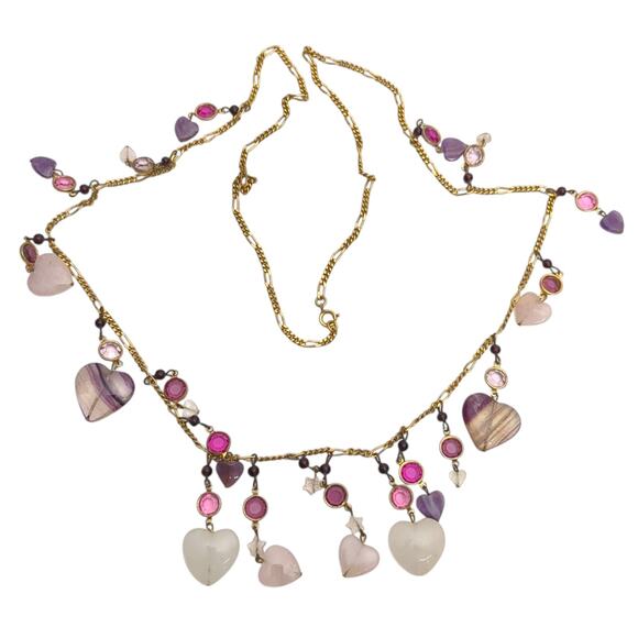 VTG Long Gold-Tone Charm Necklace Hearts in White Purple Pink Stone Hearts 35 in - Picture 1 of 5